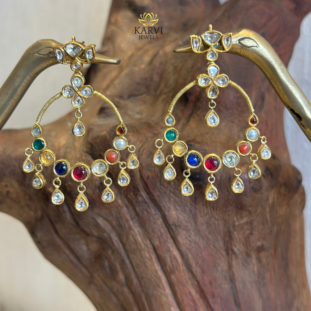 Ornate 22kt Gold Navratna Chandbali Earrings