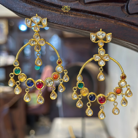 Ornate 22kt Gold Navratna Chandbali Earrings