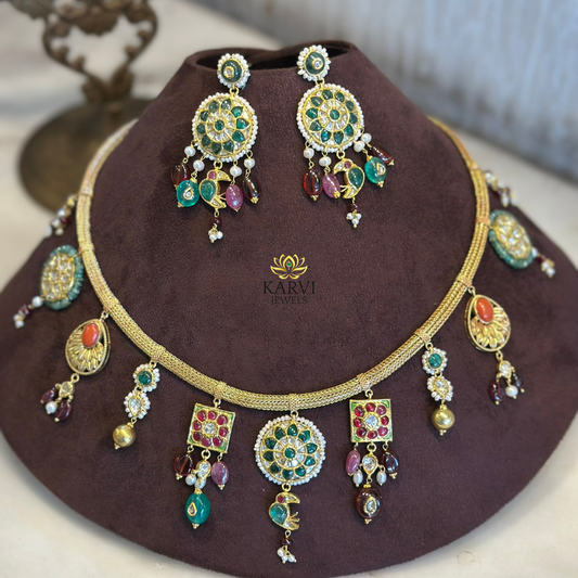 22kt Gold Polki Diamond Necklace with Natural Stones & Intricate Motifs