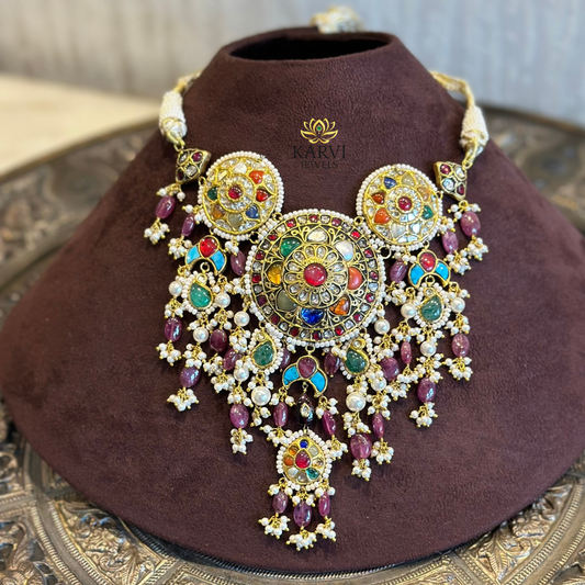 22kt Gold Navratan Polki Diamond Bridal Necklace