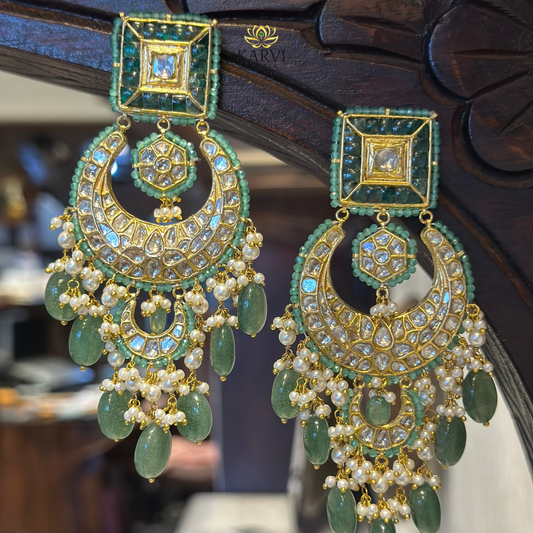 22kt Gold Polki & Emerald Chandbali Earrings
