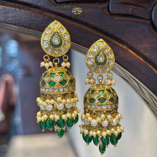 22kt Gold Emerald & Polki Jhumka Earrings